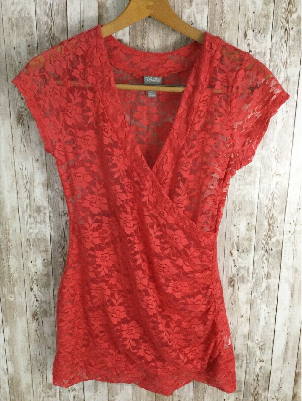 Y2K Vanity Dark Salmon Semi Sheer Lace Top Size Large Stretch Cap Sleeve NICE